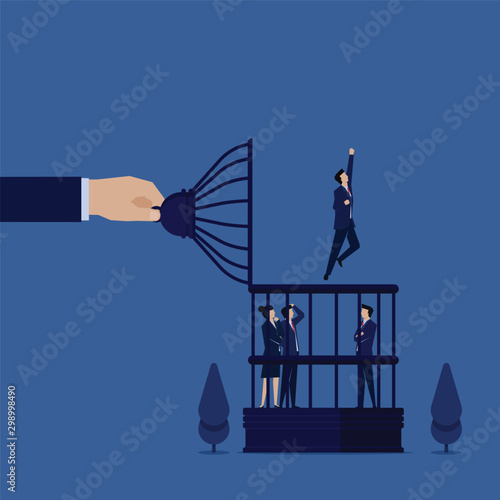 Business flat vector concept man fly out from bird cage metaphor of freedom.