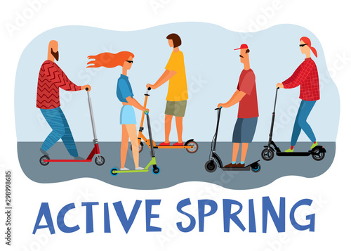 The inscription Active Spring. A lot of people ride scooters. Vector full color hand-drawn graphics