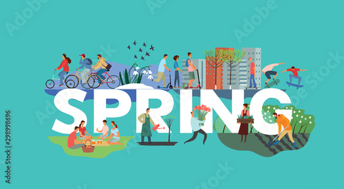 The inscription Spring and various plots. People ride bicycles, guys ride skateboards, the family sits on a picnic, snowdrops grow. Vector full color hand-drawn graphics