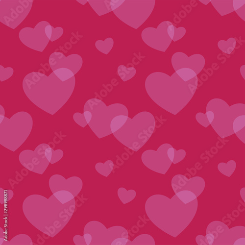 Hearts seamless background. Love textile pattern. Heart shapes blur on crimson backdrop. Light romantic symbol decoration for valentines day. Flat vector package template. Love wedding concept.