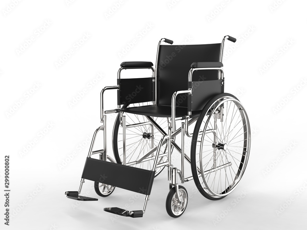 Medical wheelchair with black leather seat and metal railings Medical wheelchair with black leather seat and metal railings