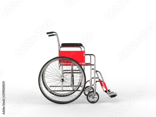 Wheelchair with red and white leather seat and back rest - side view