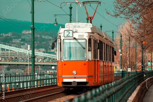 View of a vintage red tram