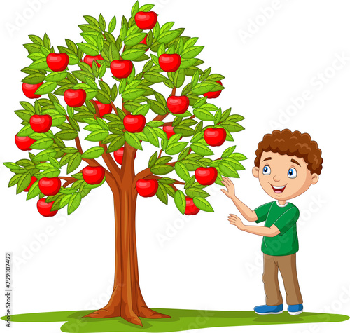 Cartoon boy picking apples from apple tree