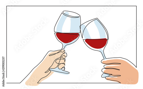 continuous line drawing of two hands cheering with glasses of wine