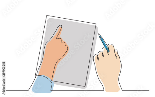 continuous line drawing of two hands pointing at blank piece of paper