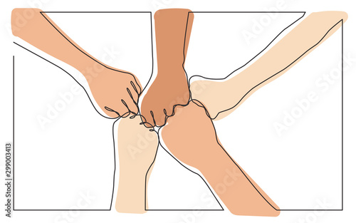 continuous line drawing of hands of team bumping fists together