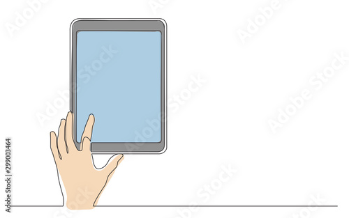 continuous line drawing of hand touching digital tablet