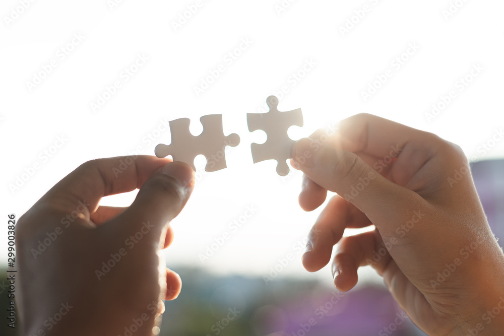 Connect jigsaw pieces to create network connection silhouette sunset, Business concept. Connect jigsaw pieces to create network connection silhouette sunset, Business concept.