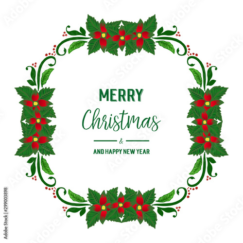 Greeting card vintage merry christmas and happy new year, with green leafy flower frame background. Vector