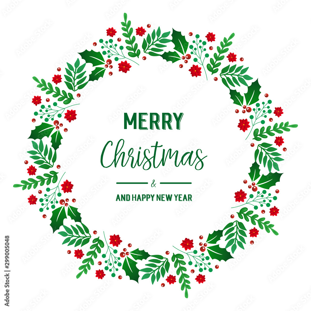 Text lettering merry christmas and happy new year with abstract green leaf flower frame. Vector