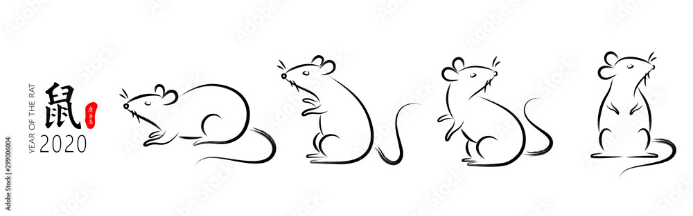 A set of hand-drawn mouse vector illustrations in Chinese calligraphy style, Chinese characters: rat, the Chinese character on the red stamp is: Geng Zi Nian - obrazy, fototapety, plakaty 