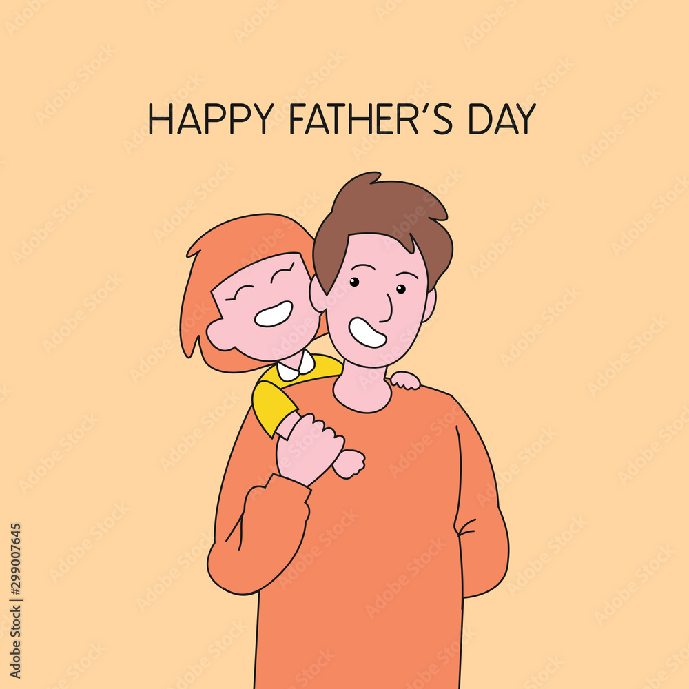 Plakat Happy child rides on his dad's shoulder vector cartoon illustration for Happy father's day poster background template design.
