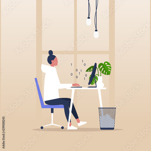 Front end development, young female character writing a binary code on a desktop computer in a modern office