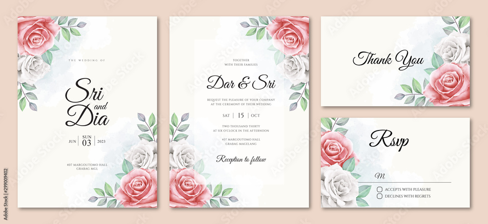 Elegant wedding invitation card set template with beautiful floral watercolor