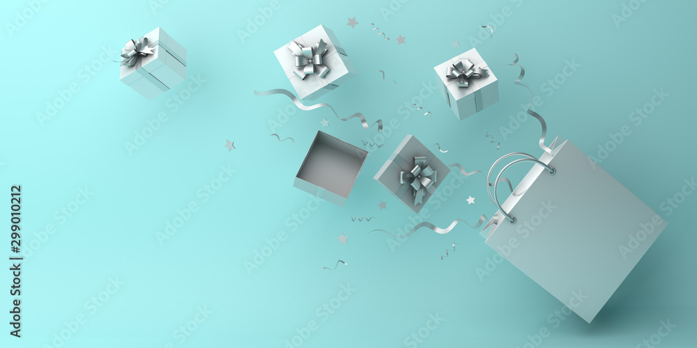 Winter abstract design creative concept, white flying shopping bag, gift box and confetti on blue pastel background. Copy space text area. 3D rendering illustration. - obrazy, fototapety, plakaty 