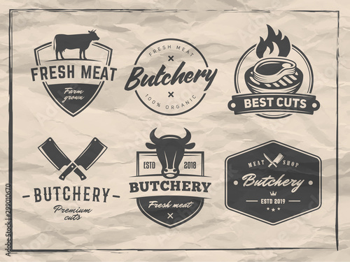 Butchery vector logos. BBQ, grill, meat, barbecue, steak badges and stickers. Retro emblems for steak house or grill bar.