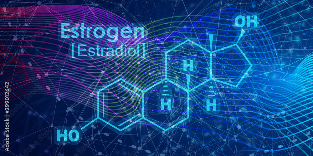 Chemical molecular formula hormone estrogen. Infographics illustration. Connected lines with dots Chemical molecular formula hormone estrogen. Infographics illustration. Connected lines with dots