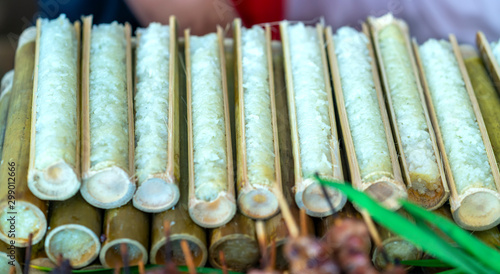 Vietnamese food Lam rice, often glutinous rice, cooked in a tube of bamboo, served with salted roasted sesame