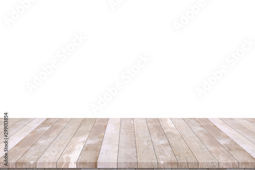 Wood table top isolated on white background. Used for product placement or montage. 