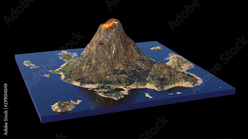 фотографія volcano erupts lava, cross section model of island with volcanism isolated on bl