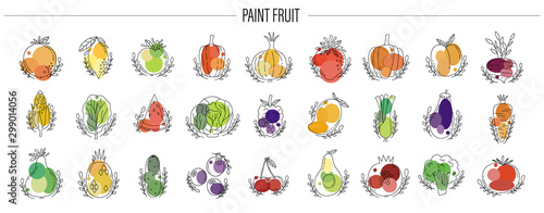 Icon fruit and vegetable set. Hand drawn naive style.