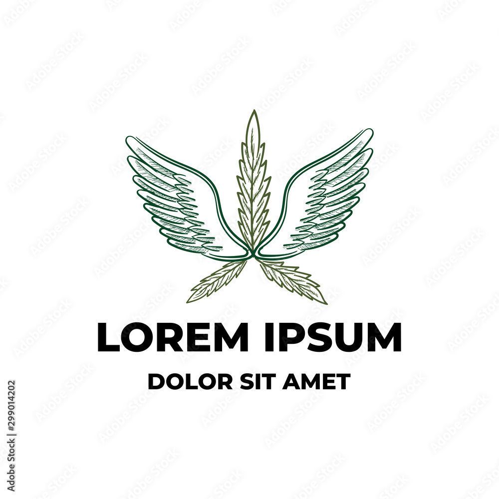 Marijuana or cannabis leaf with wings concept logo design hand drawn style Marijuana or cannabis leaf with wings concept logo design hand drawn style
