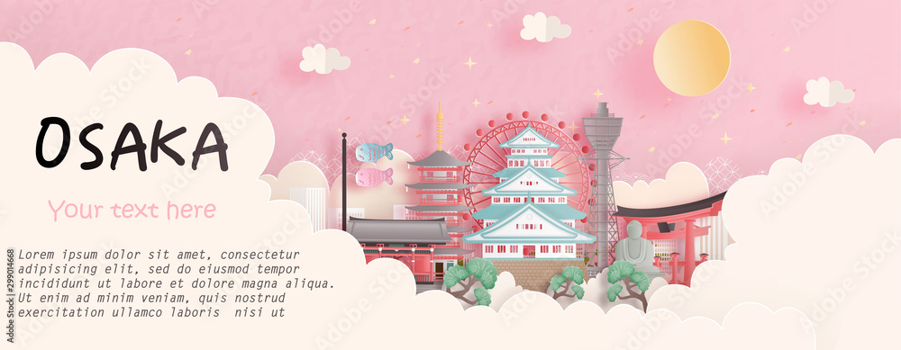 Fototapeta premium Tour and travel advertising, postcard, panorama poster of world famous landmark of Osaka, Japan in paper cut style vector illustration.