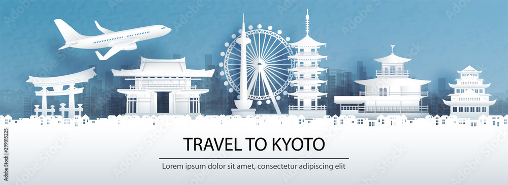 Obraz premium Reklama podróżnicza z koncepcją podróży do Kioto z widokiem na panoramę miasta i znanych na całym świecie zabytków Japonii w ilustracji wektorowych stylu cięcia papieru.