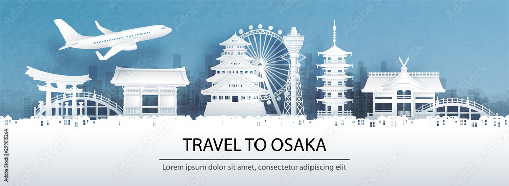 Naklejka premium Reklama podróżnicza z koncepcją podróży do Osaki z widokiem na panoramę miasta i słynnymi na całym świecie zabytkami Japonii w ilustracji wektorowych stylu cięcia papieru.