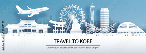Travel advertising with travel to Kobe concept with panorama view city skyline and world famous landmarks of Japan in paper cut style vector illustration. photo