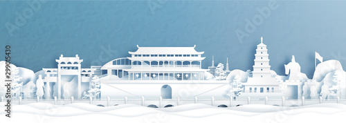 Panorama view of Xian skyline with world famous landmarks of China in paper cut style vector illustration.