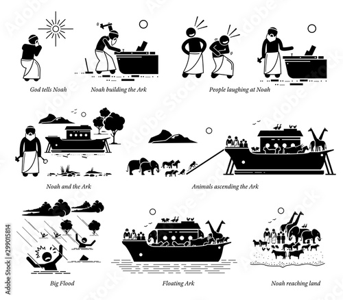 Noah Ark Christian Bible Story. Illustration artwork of Noah building the Ark to save animals before the big flood by God.