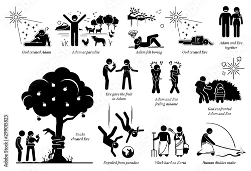 Adam and Eve Christian Bible Story. Artwork illustration depicts God, Adam, Eve, snake, paradise, Garden of Eden, and the forbidden fruit tree.