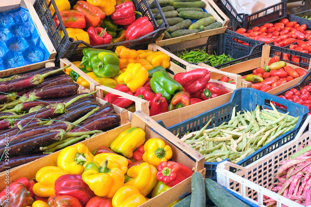 Bell peppers and other vegetables for sale at a market in Naples, Italy