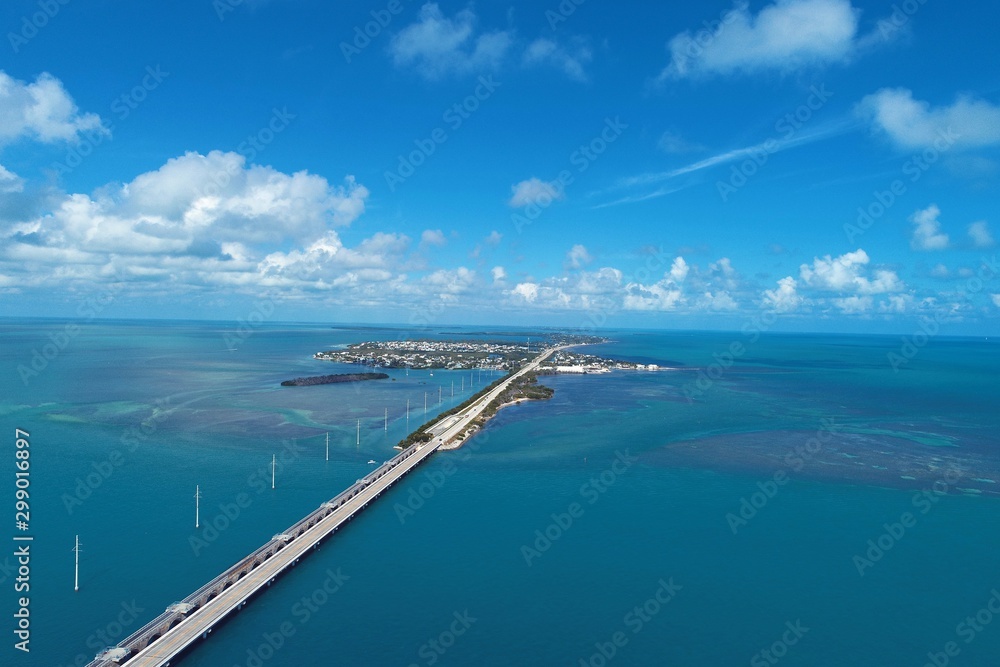 Aerial view of famou bridge and islands in the way to Key West, Florida Keys, United States. Great landscape. Vacation travel. Travel destination. Tropical scenery.