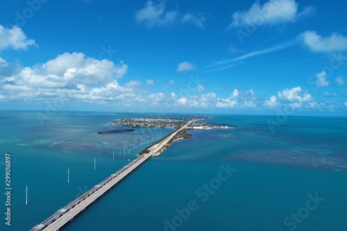 Aerial view of famou bridge and islands in the way to Key West, Florida Keys, United States. Great landscape. Vacation travel. Travel destination. Tropical scenery.