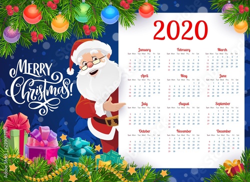 New Year calendar with Christmas gifts and Santa