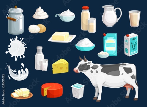 Milk, yogurt, cheese, butter, cream and cow icons