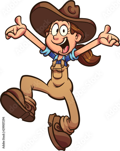 Cartoon happy farmer girl jumping up clip art. Vector illustration with simple gradients. All in a single layer. 