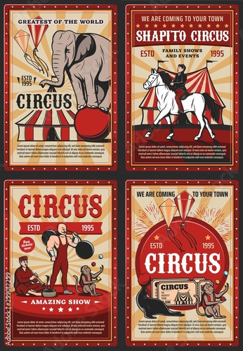 Circus big top, carnival animals and strongman