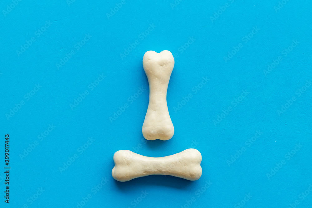 Obraz premium Treats for dogs. Chewing bones on blue background top view copy space
