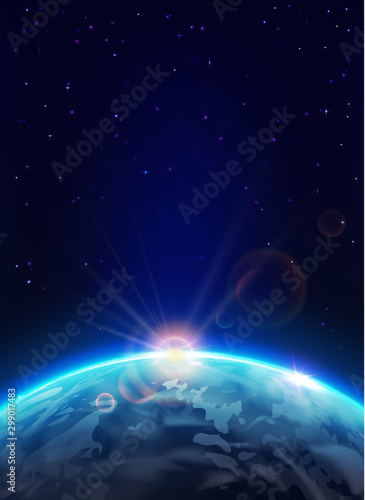 Sunrise in space. Earth planet with Sun and stars