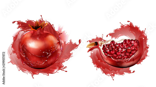 Pomegranate in juice splashes set, whole and quarter slices with seeds set isolated on white background, ripe garnet fruit design element for natural drink ad Realistic 3d vector illustration clip art
