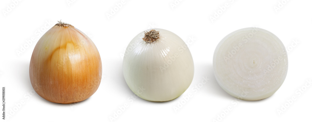 Onion with and without brown outer layer in white background