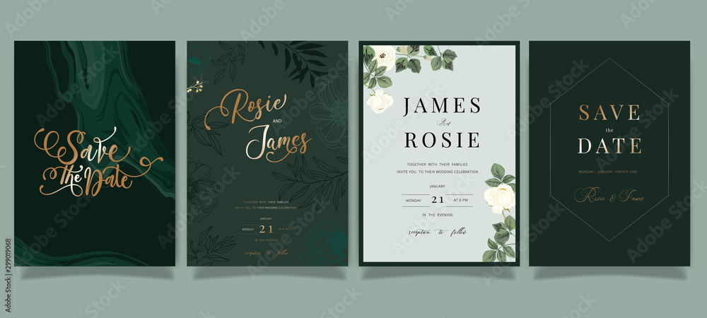 Mix Emerald green Luxury Wedding Invitation, floral invite thank you, rsvp modern card Design in white peony with  leaf greenery  branches decorative Vector elegant rustic template - obrazy, fototapety, plakaty 