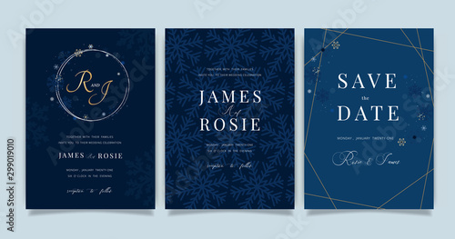 Winter blue Wedding Invitation set, floral invite thank you, rsvp modern card Design in white snowflakes  branches decorative Vector elegant rustic template