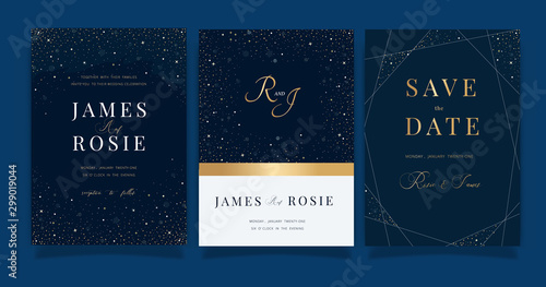 Blue Universe Wedding Invitation, universe invite thank you, rsvp modern card Design in little star light in the sky, space Vector elegant rustic template