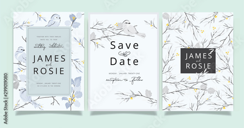 Little Bird Wedding Invitation set, floral invite thank you, rsvp modern card Design in yellow floral with gray leaf greenery branches decorative Vector elegant rustic template