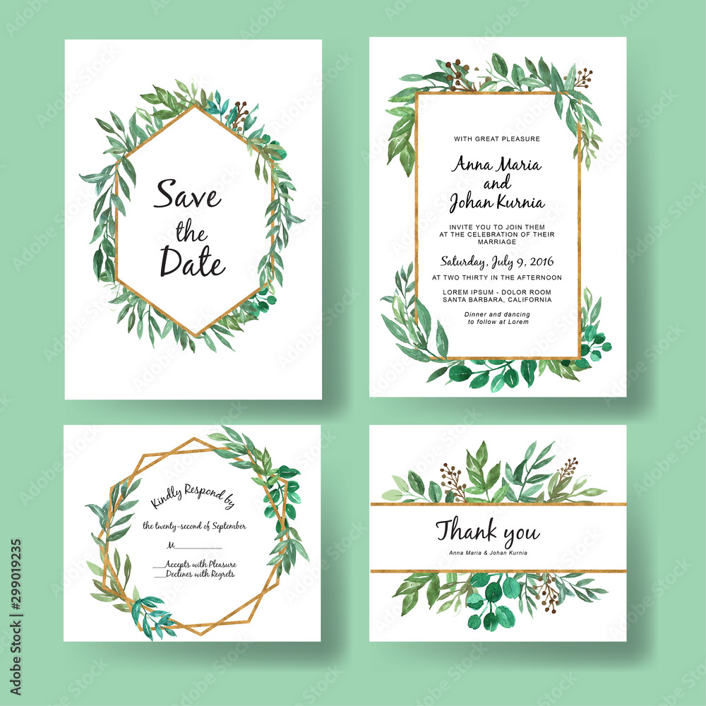 set of wedding invitation greenery and gold leaf rustic